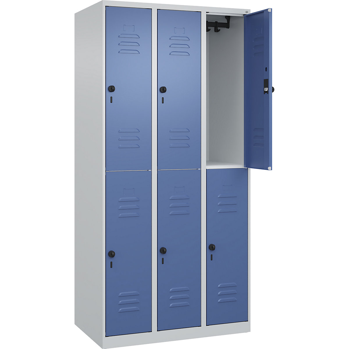 Armadietto a due piani Classic PLUS – C+P, 3 scomparti, grigio chiaro / indaco, alt. x largh. 1850 x 900 mm, con piedini a pavimento, serratura girevole-0