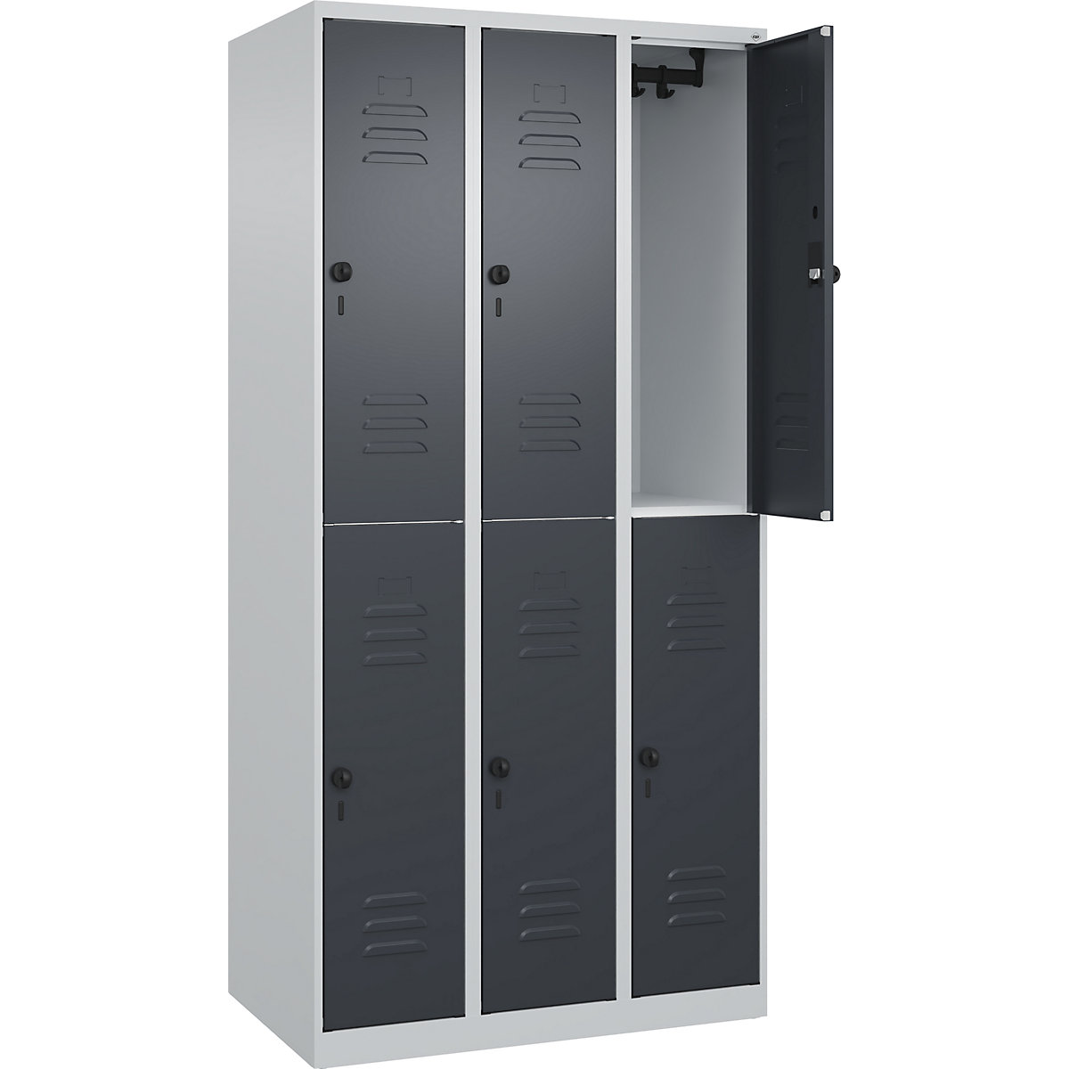 Armadietto a due piani Classic PLUS – C+P, 3 scomparti, grigio chiaro / grigio, alt. x largh. 1850 x 900 mm, con piedini a pavimento, serratura girevole-0