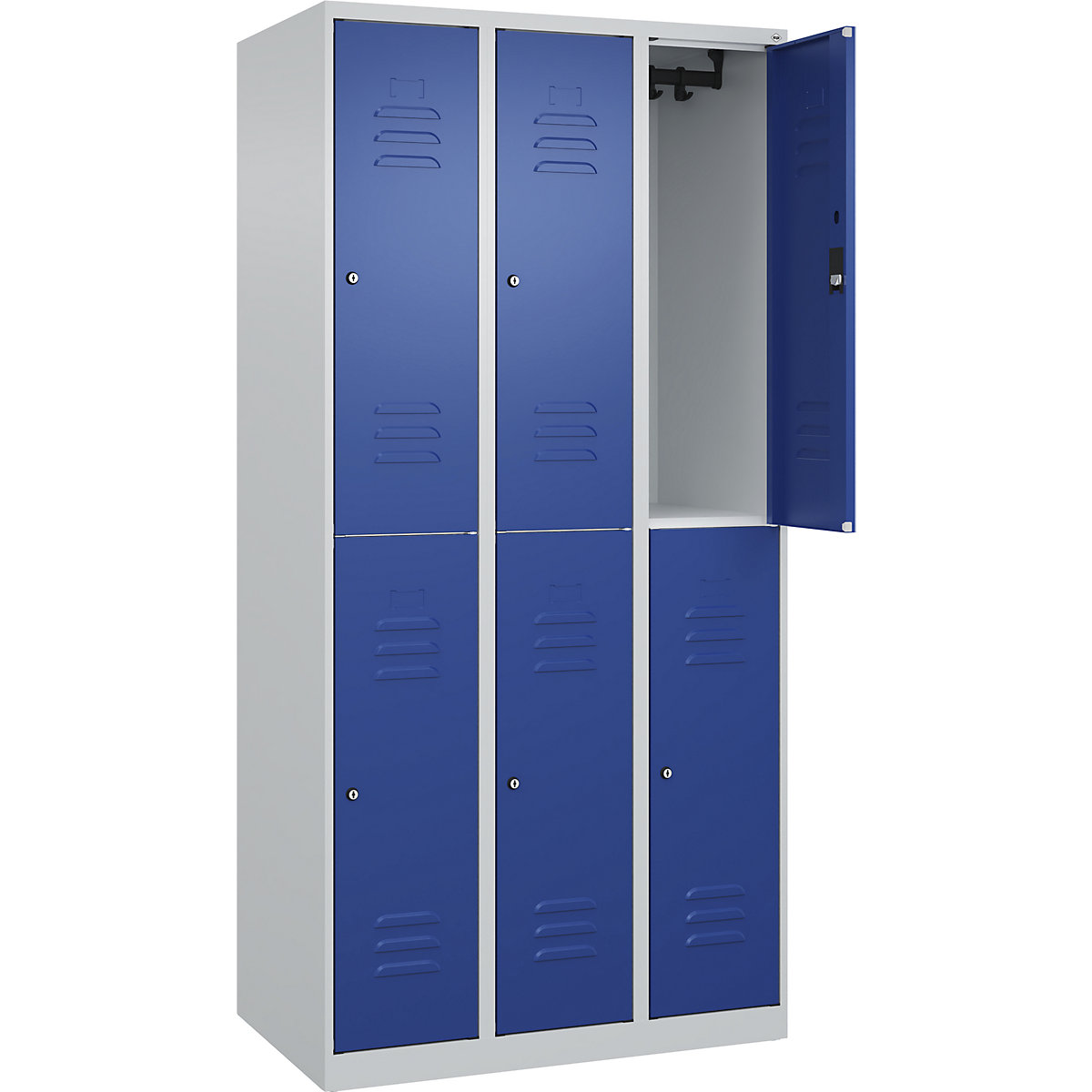 Armadietto a due piani Classic PLUS – C+P, 3 scomparti, grigio chiaro / blu genziana, alt. x largh. 1850 x 900 mm, con piedini a pavimento, serratura a cilindro-0