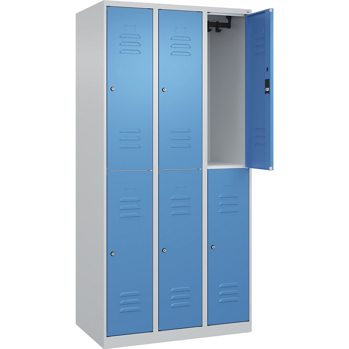 Armadietto a due piani Classic PLUS – C+P, 3 scomparti, grigio chiaro / blu chiaro, alt. x largh. 1850 x 900 mm, con piedini a pavimento, serratura a cilindro-0