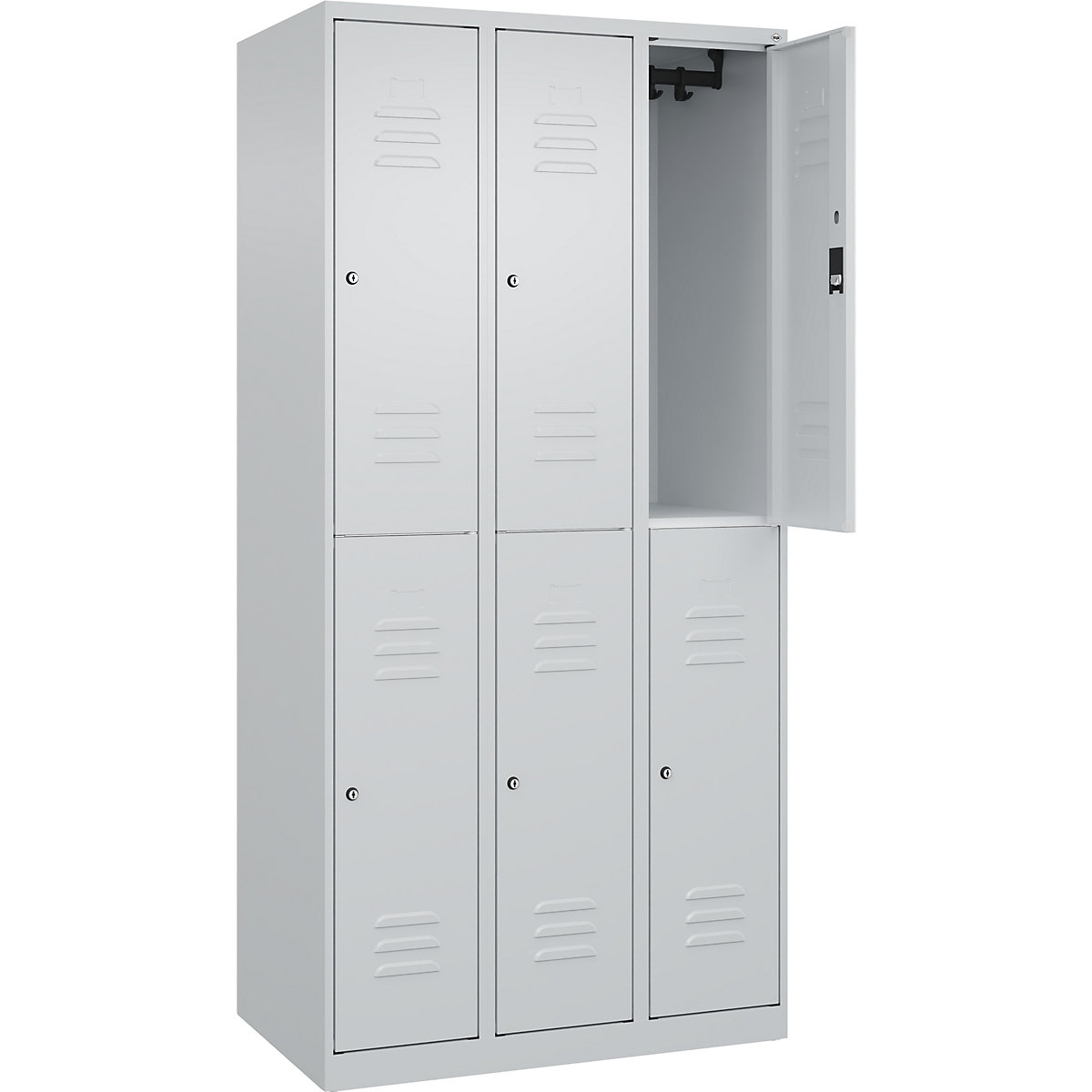 Armadietto a due piani Classic PLUS – C+P, 3 scomparti, grigio chiaro, alt. x largh. 1850 x 900 mm, con piedini a pavimento, serratura a cilindro-0