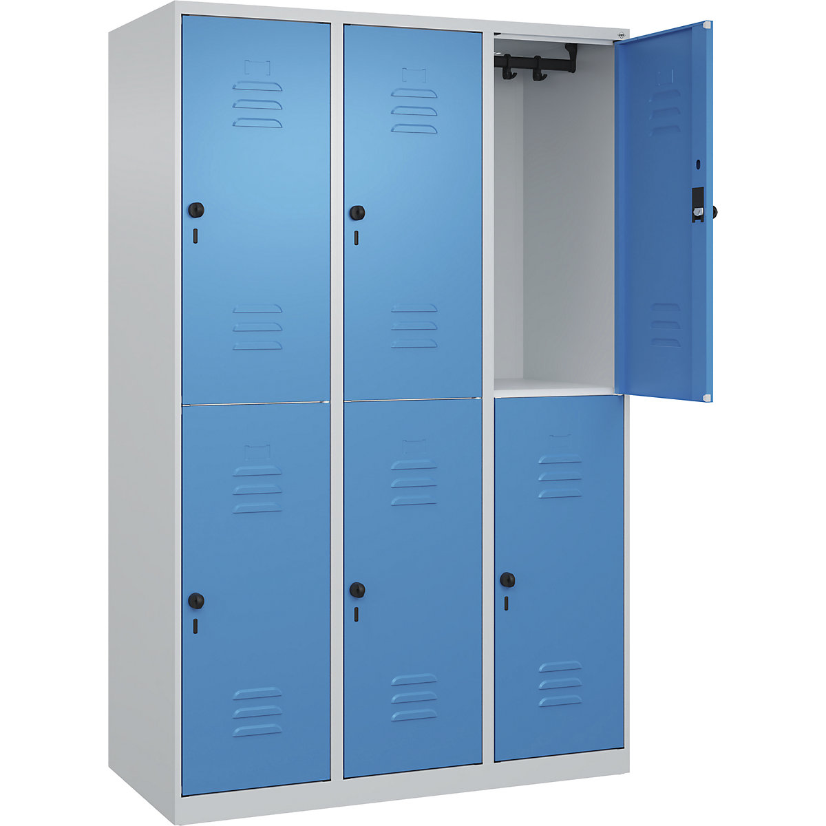Armadietto a due piani Classic PLUS – C+P, 3 scomparti, grigio chiaro / blu chiaro, alt. x largh. 1850 x 1200 mm, con piedini a pavimento, serratura girevole-0