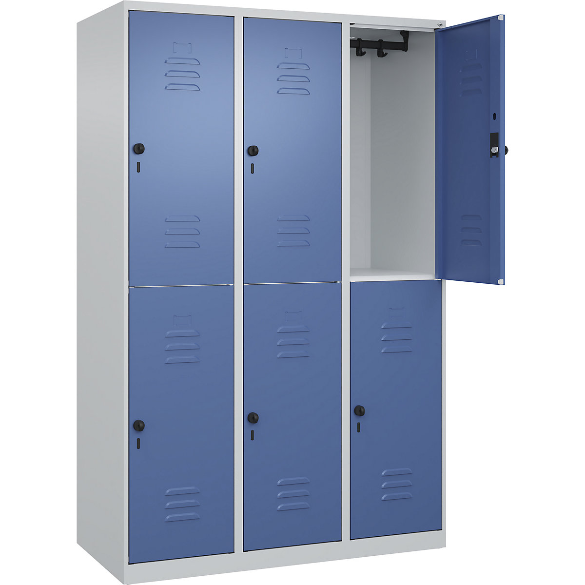 Armadietto a due piani Classic PLUS – C+P, 3 scomparti, grigio chiaro / indaco, alt. x largh. 1850 x 1200 mm, con piedini a pavimento, serratura girevole-0