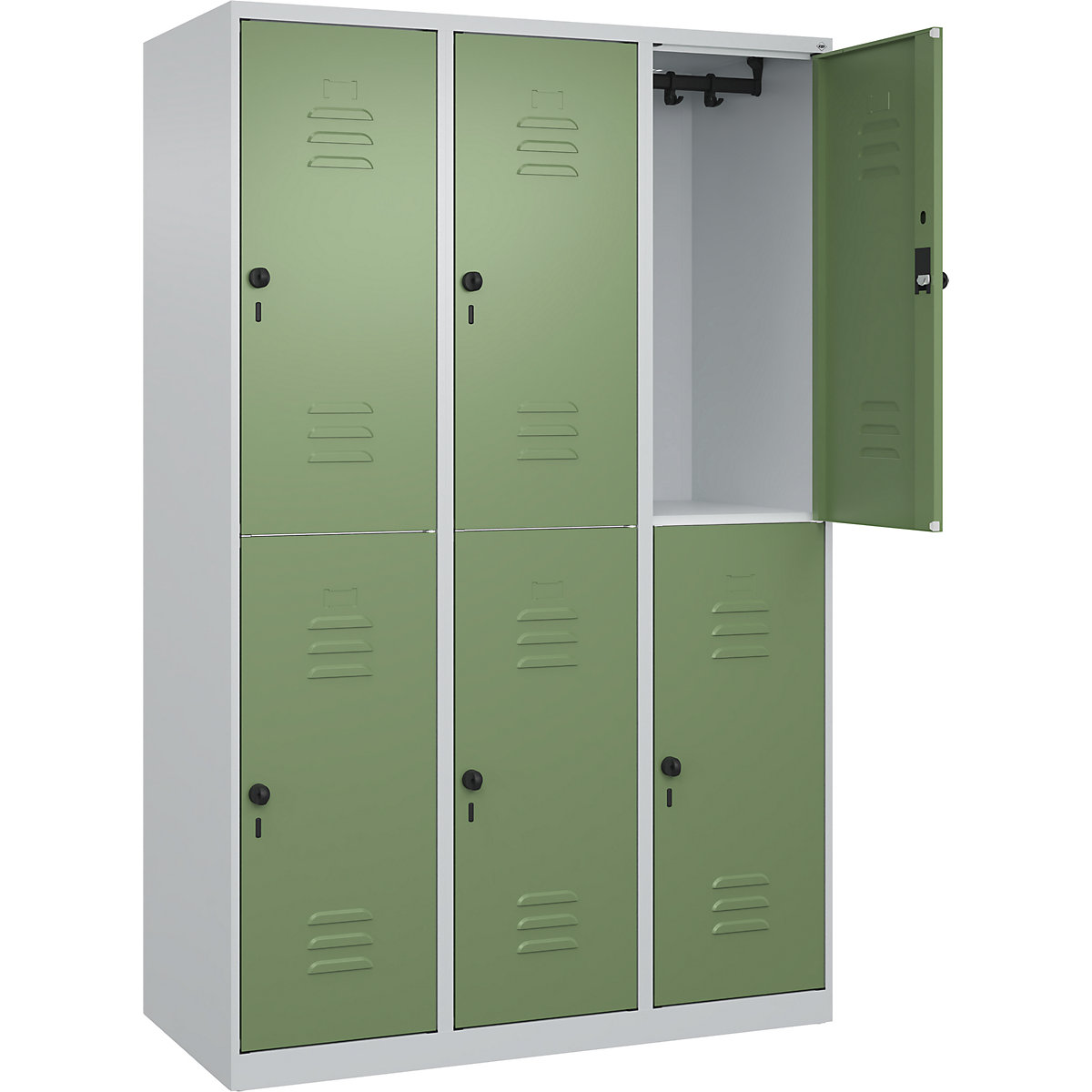 Armadietto a due piani Classic PLUS – C+P, 3 scomparti, grigio chiaro / verde reseda, alt. x largh. 1850 x 1200 mm, con piedini a pavimento, serratura girevole-0