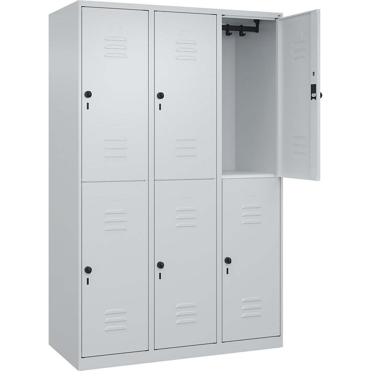 Armadietto a due piani Classic PLUS – C+P, 3 scomparti, grigio chiaro, alt. x largh. 1850 x 1200 mm, con piedini a pavimento, serratura girevole-0