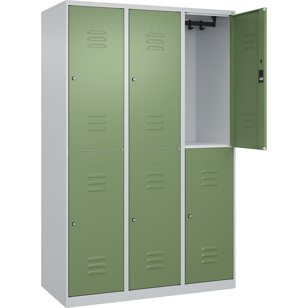 Armadietto a due piani Classic PLUS – C+P, 3 scomparti, grigio chiaro / verde reseda, alt. x largh. 1850 x 1200 mm, con piedini a pavimento, serratura a cilindro-0