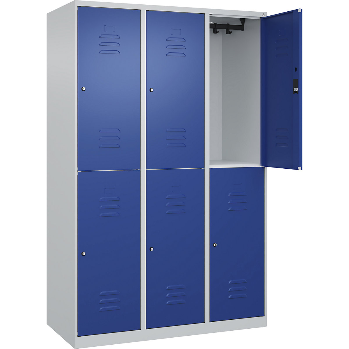Armadietto a due piani Classic PLUS – C+P, 3 scomparti, grigio chiaro / blu genziana, alt. x largh. 1850 x 1200 mm, con piedini a pavimento, serratura a cilindro-0