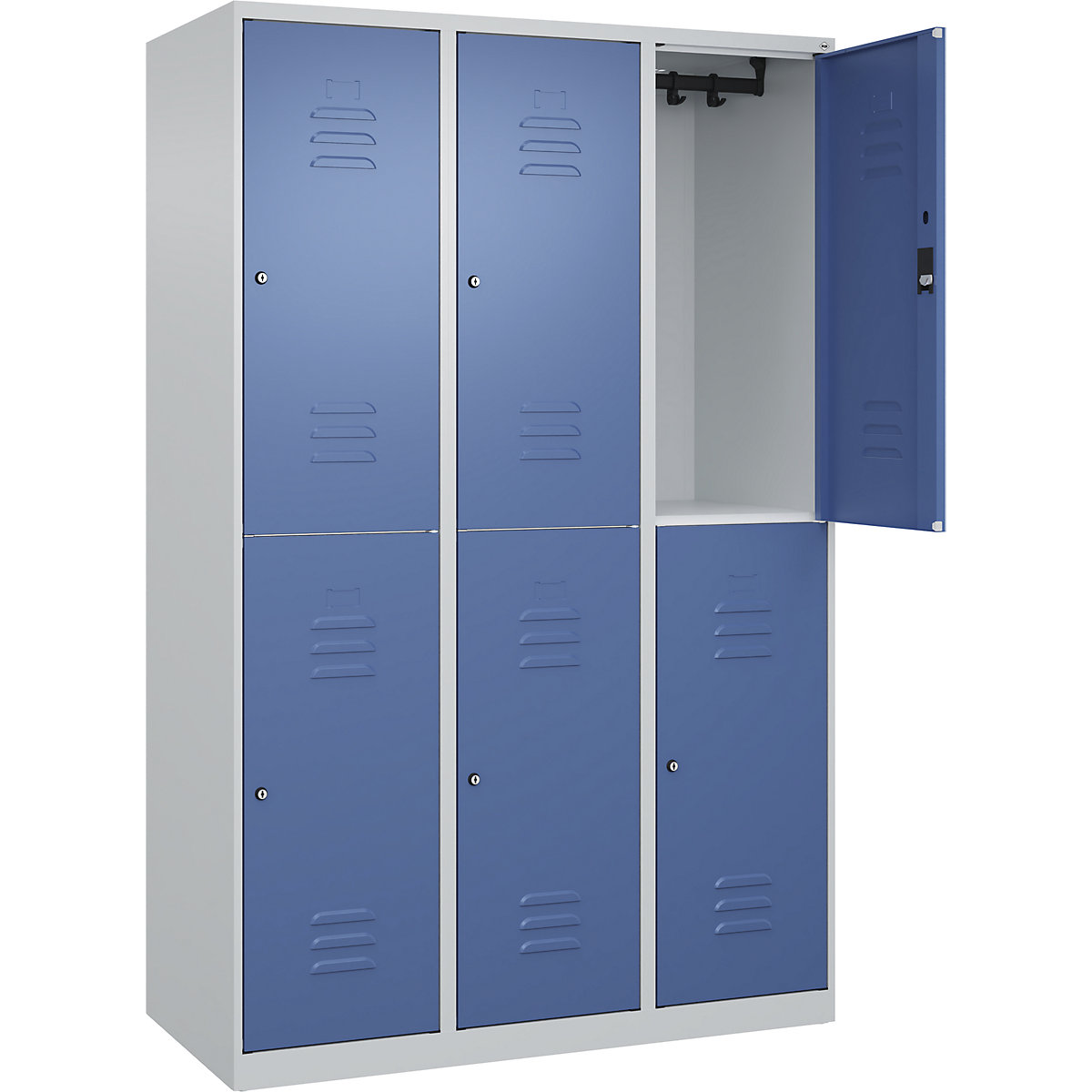 Armadietto a due piani Classic PLUS – C+P, 3 scomparti, grigio chiaro / indaco, alt. x largh. 1850 x 1200 mm, con piedini a pavimento, serratura a cilindro-0