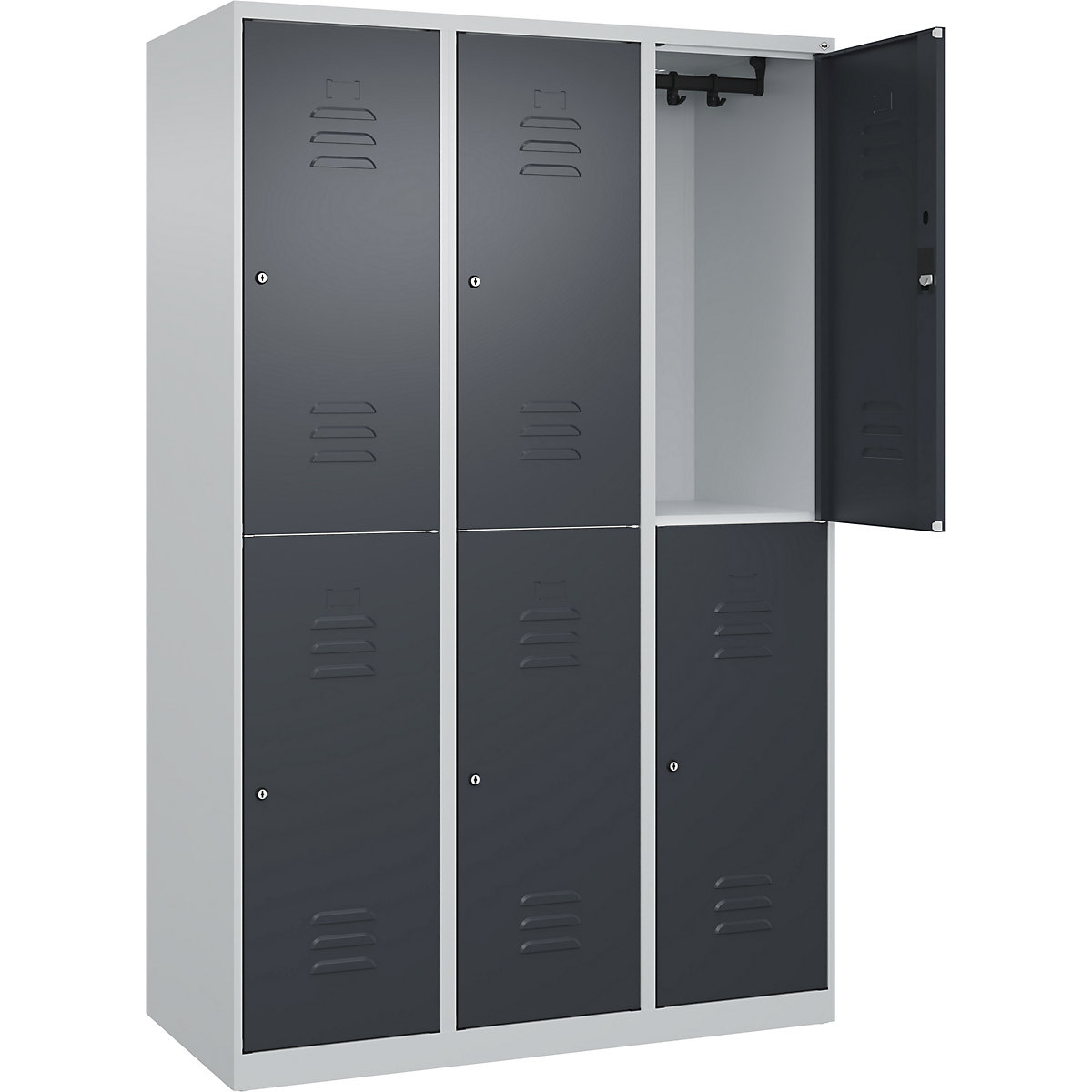Armadietto a due piani Classic PLUS – C+P, 3 scomparti, grigio chiaro / grigio, alt. x largh. 1850 x 1200 mm, con piedini a pavimento, serratura a cilindro-0
