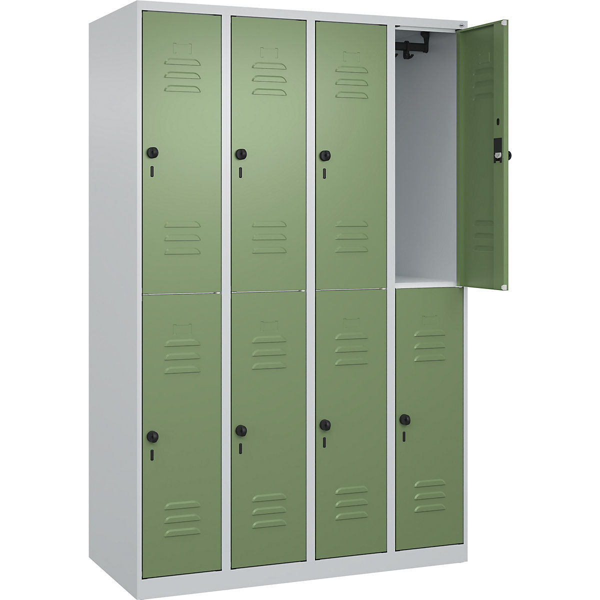 Armadietto a due piani Classic PLUS – C+P, 4 scomparti, grigio chiaro / verde reseda, alt. x largh. 1850 x 1200 mm, con piedini a pavimento, serratura girevole-0