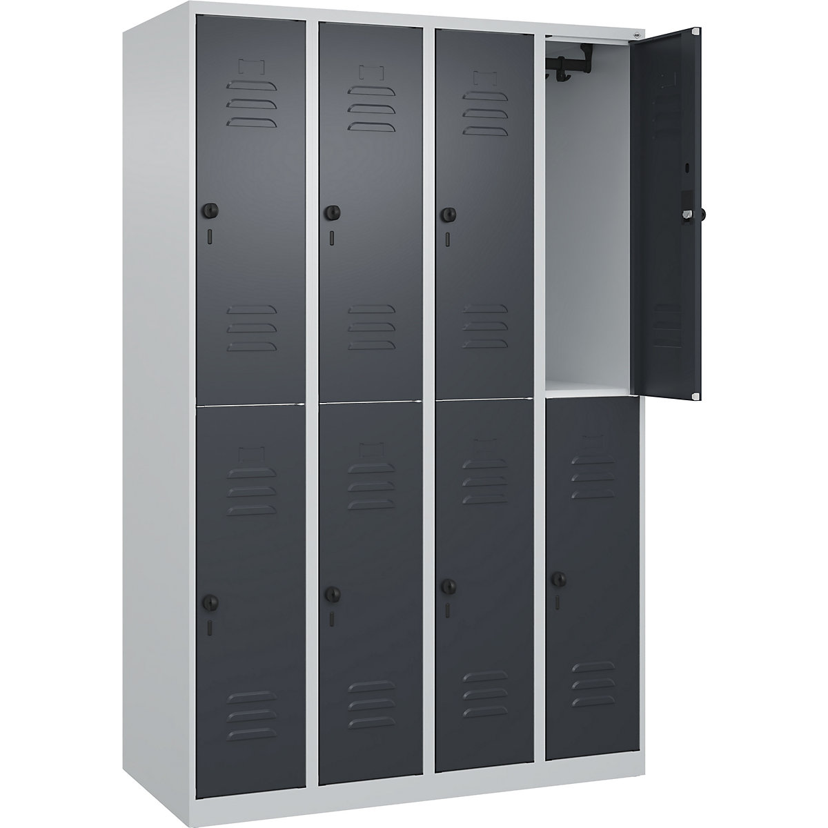 Armadietto a due piani Classic PLUS – C+P, 4 scomparti, grigio chiaro / grigio, alt. x largh. 1850 x 1200 mm, con piedini a pavimento, serratura girevole-0