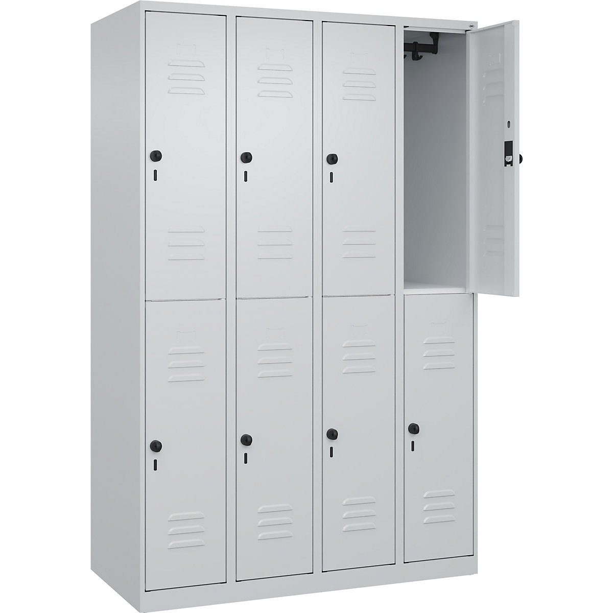 Armadietto a due piani Classic PLUS – C+P, 4 scomparti, grigio chiaro, alt. x largh. 1850 x 1200 mm, con piedini a pavimento, serratura girevole-0