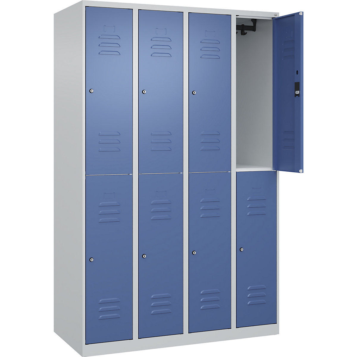 Armadietto a due piani Classic PLUS – C+P, 4 scomparti, grigio chiaro / indaco, alt. x largh. 1850 x 1200 mm, con piedini a pavimento, serratura a cilindro-0
