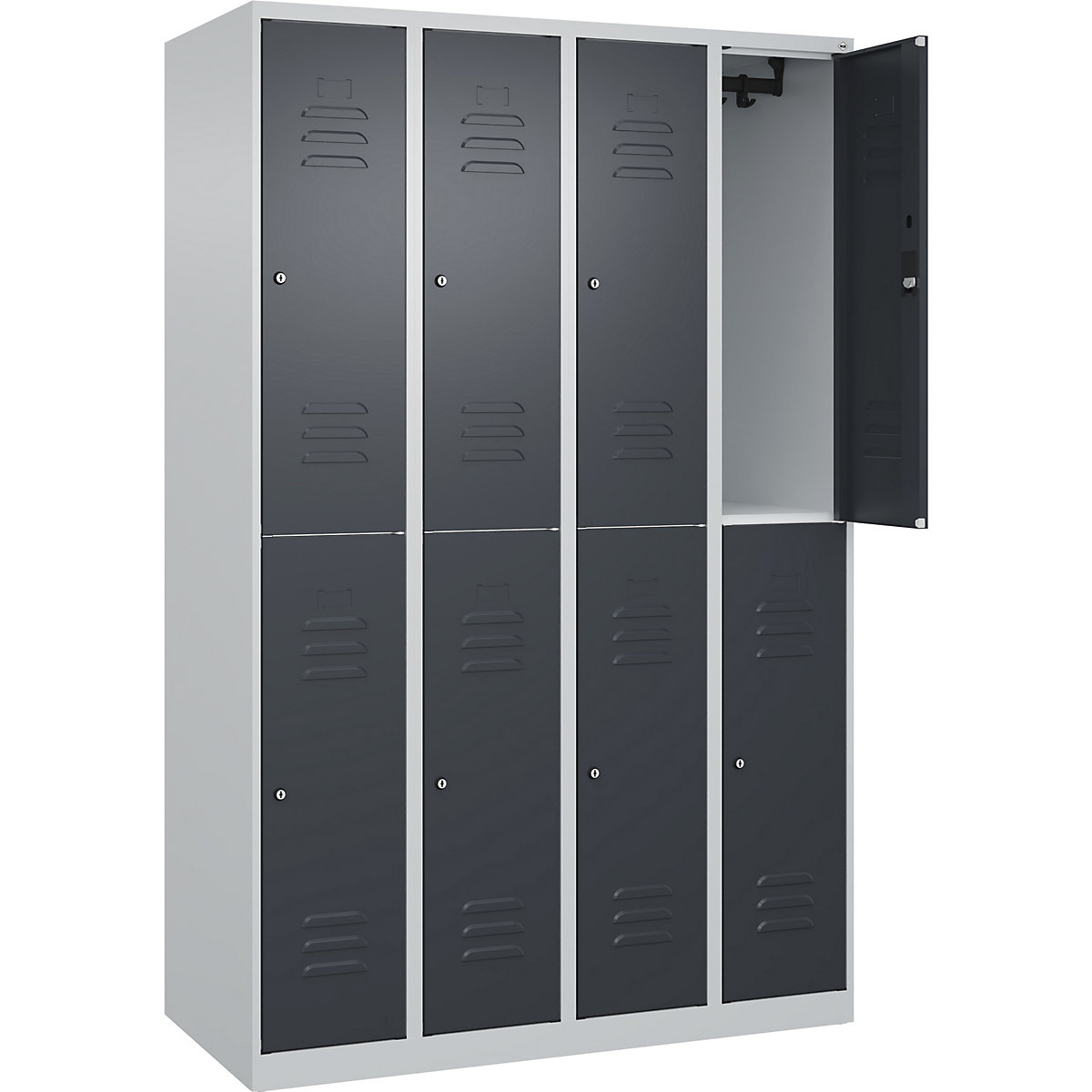 Armadietto a due piani Classic PLUS – C+P, 4 scomparti, grigio chiaro / grigio, alt. x largh. 1850 x 1200 mm, con piedini a pavimento, serratura a cilindro-0