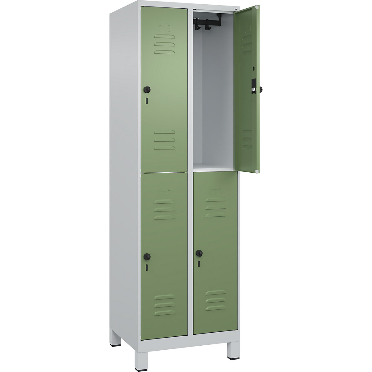 Armadietto a due piani Classic PLUS – C+P, 2 scomparti, grigio chiaro / verde reseda, alt. x largh. 1950 x 600 mm, con piedini, serratura girevole-0
