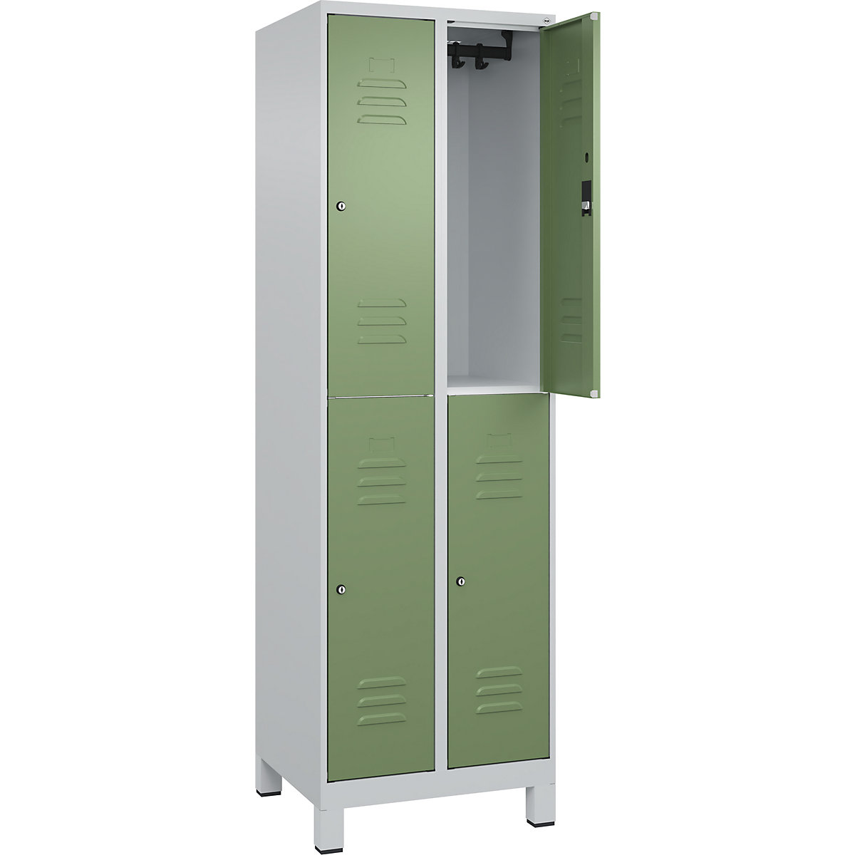 Armadietto a due piani Classic PLUS – C+P, 2 scomparti, grigio chiaro / verde reseda, alt. x largh. 1950 x 600 mm, con piedini, serratura a cilindro-0