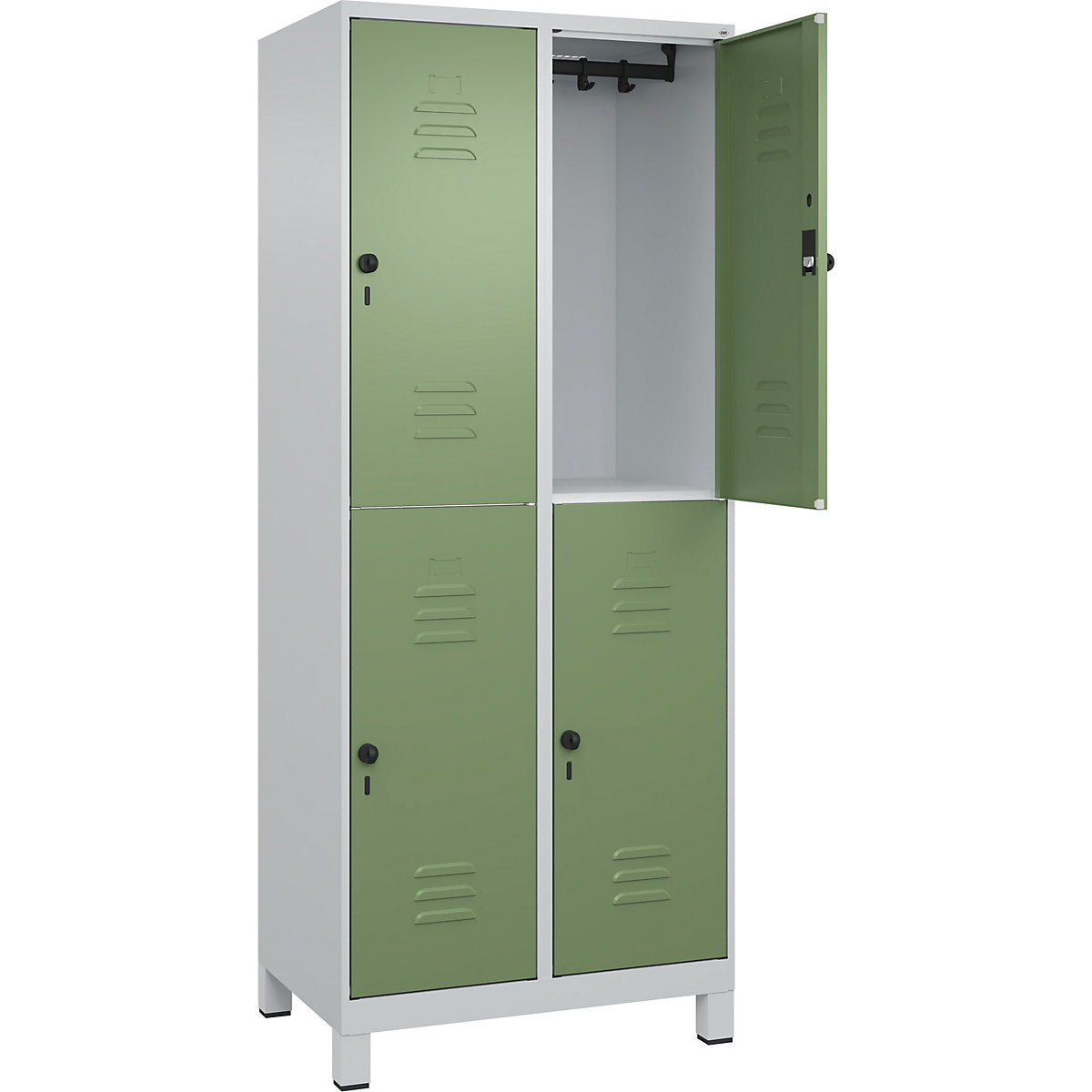 Armadietto a due piani Classic PLUS – C+P, 2 scomparti, grigio chiaro / verde reseda, alt. x largh. 1950 x 800 mm, con piedini, serratura girevole-0