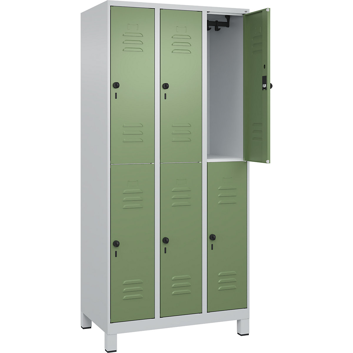 Armadietto a due piani Classic PLUS – C+P, 3 scomparti, grigio chiaro / verde reseda, alt. x largh. 1950 x 900 mm, con piedini, serratura girevole-0
