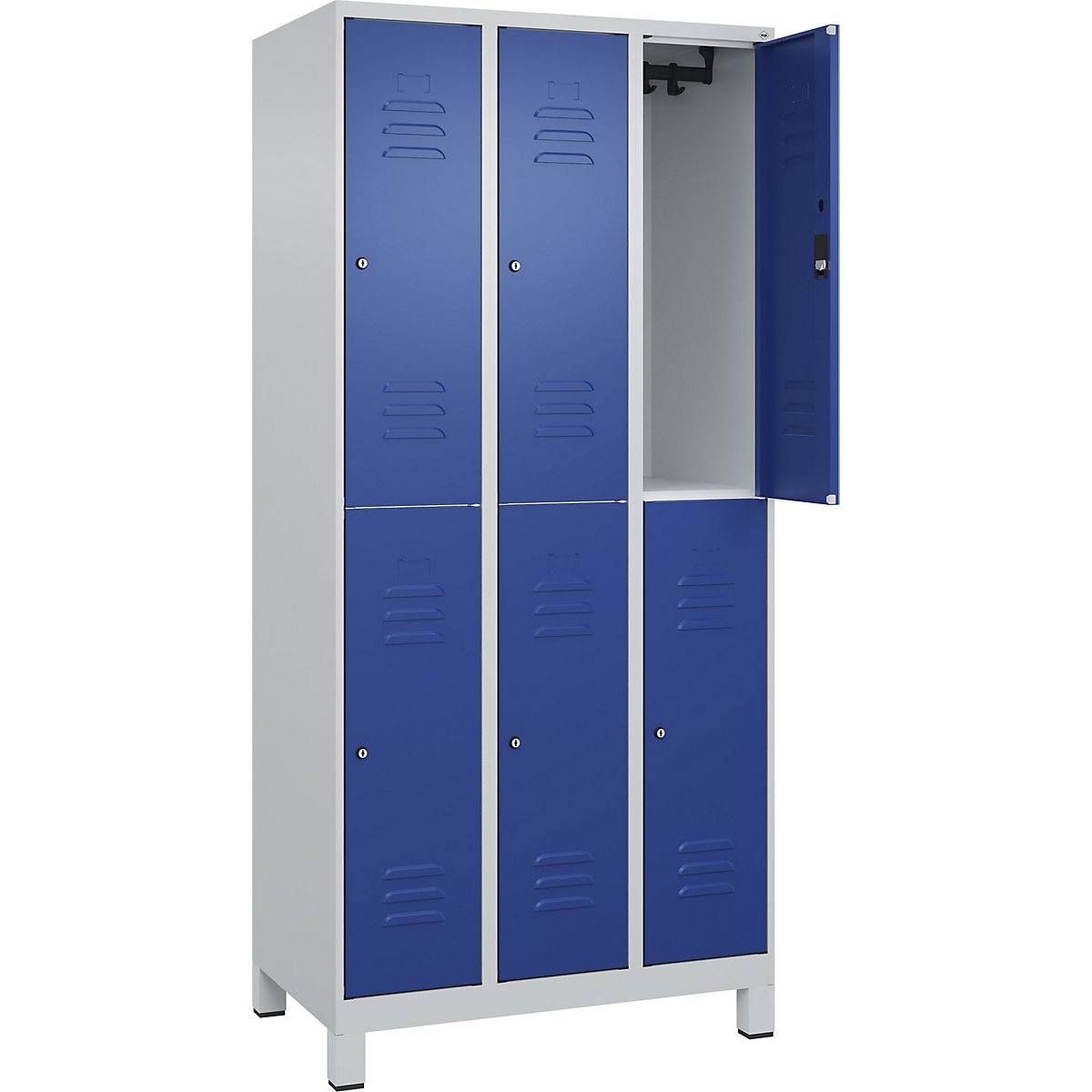 Armadietto a due piani Classic PLUS – C+P, 3 scomparti, grigio chiaro / blu genziana, alt. x largh. 1950 x 900 mm, con piedini, serratura a cilindro-0