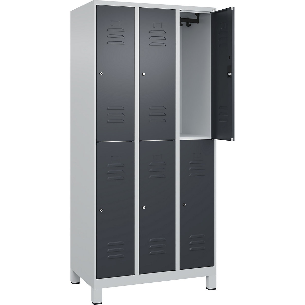 Armadietto a due piani Classic PLUS – C+P, 3 scomparti, grigio chiaro / grigio, alt. x largh. 1950 x 900 mm, con piedini, serratura a cilindro-0