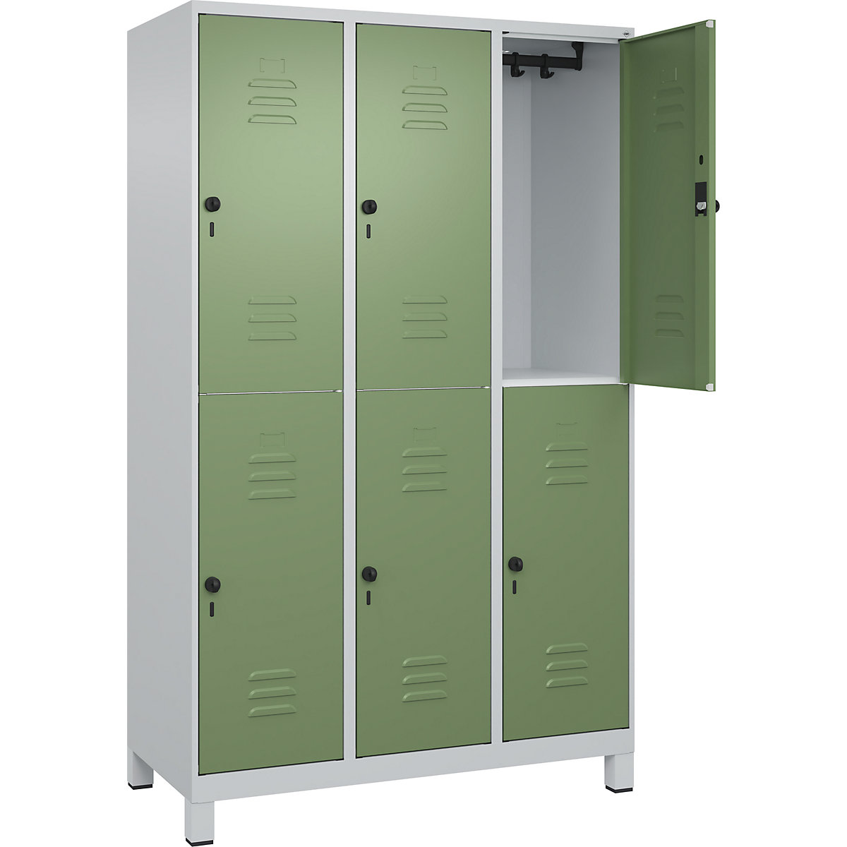 Armadietto a due piani Classic PLUS – C+P, 3 scomparti, grigio chiaro / verde reseda, alt. x largh. 1950 x 1200 mm, con piedini, serratura girevole-0