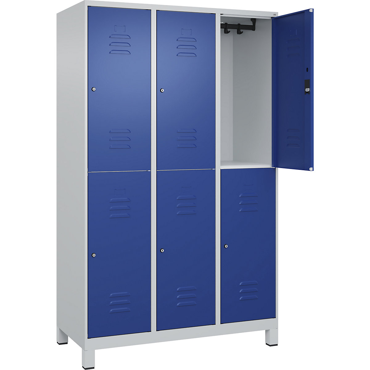 Armadietto a due piani Classic PLUS – C+P, 3 scomparti, grigio chiaro / blu genziana, alt. x largh. 1950 x 1200 mm, con piedini, serratura a cilindro-0