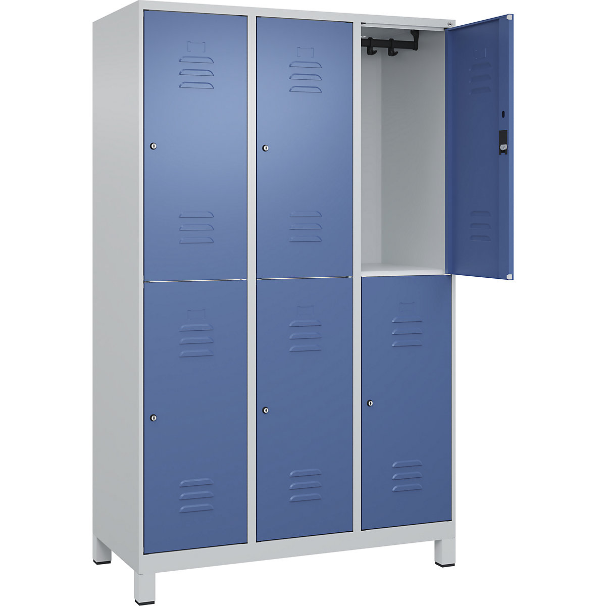 Armadietto a due piani Classic PLUS – C+P, 3 scomparti, grigio chiaro / indaco, alt. x largh. 1950 x 1200 mm, con piedini, serratura a cilindro-0