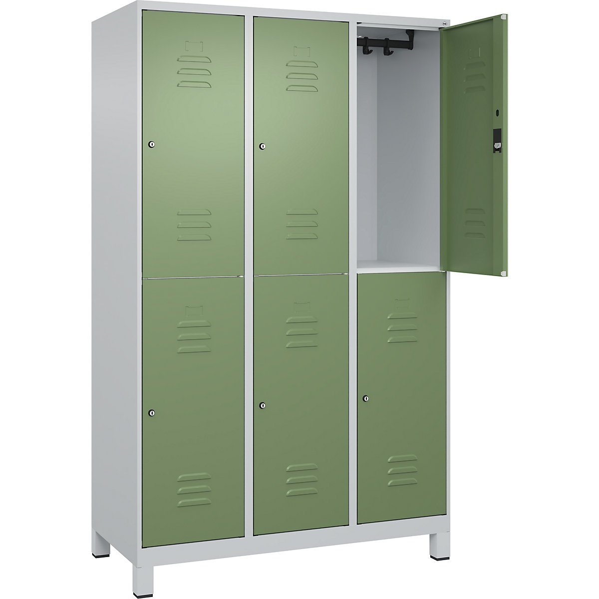 Armadietto a due piani Classic PLUS – C+P, 3 scomparti, grigio chiaro / verde reseda, alt. x largh. 1950 x 1200 mm, con piedini, serratura a cilindro-0