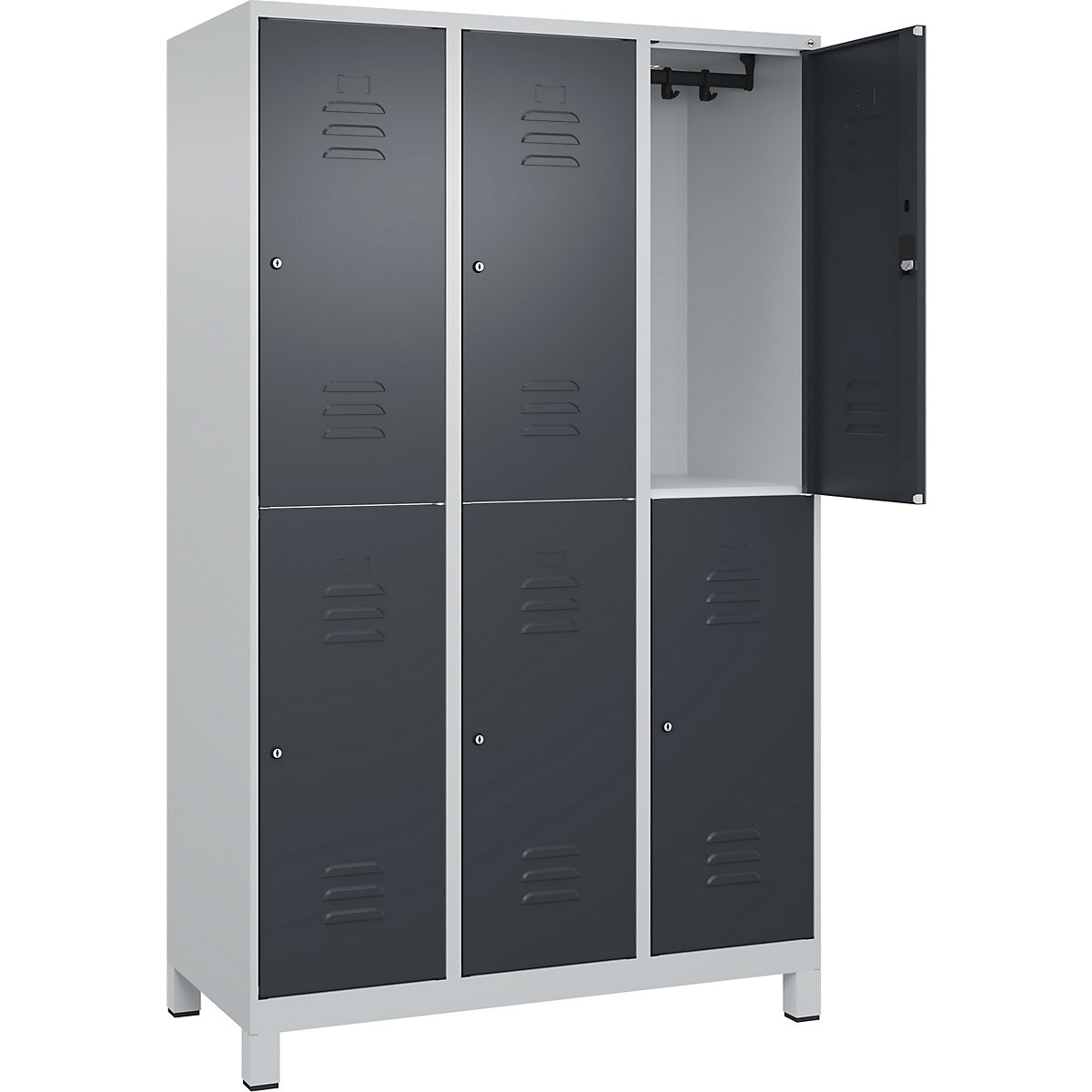 Armadietto a due piani Classic PLUS – C+P, 3 scomparti, grigio chiaro / grigio, alt. x largh. 1950 x 1200 mm, con piedini, serratura a cilindro-0