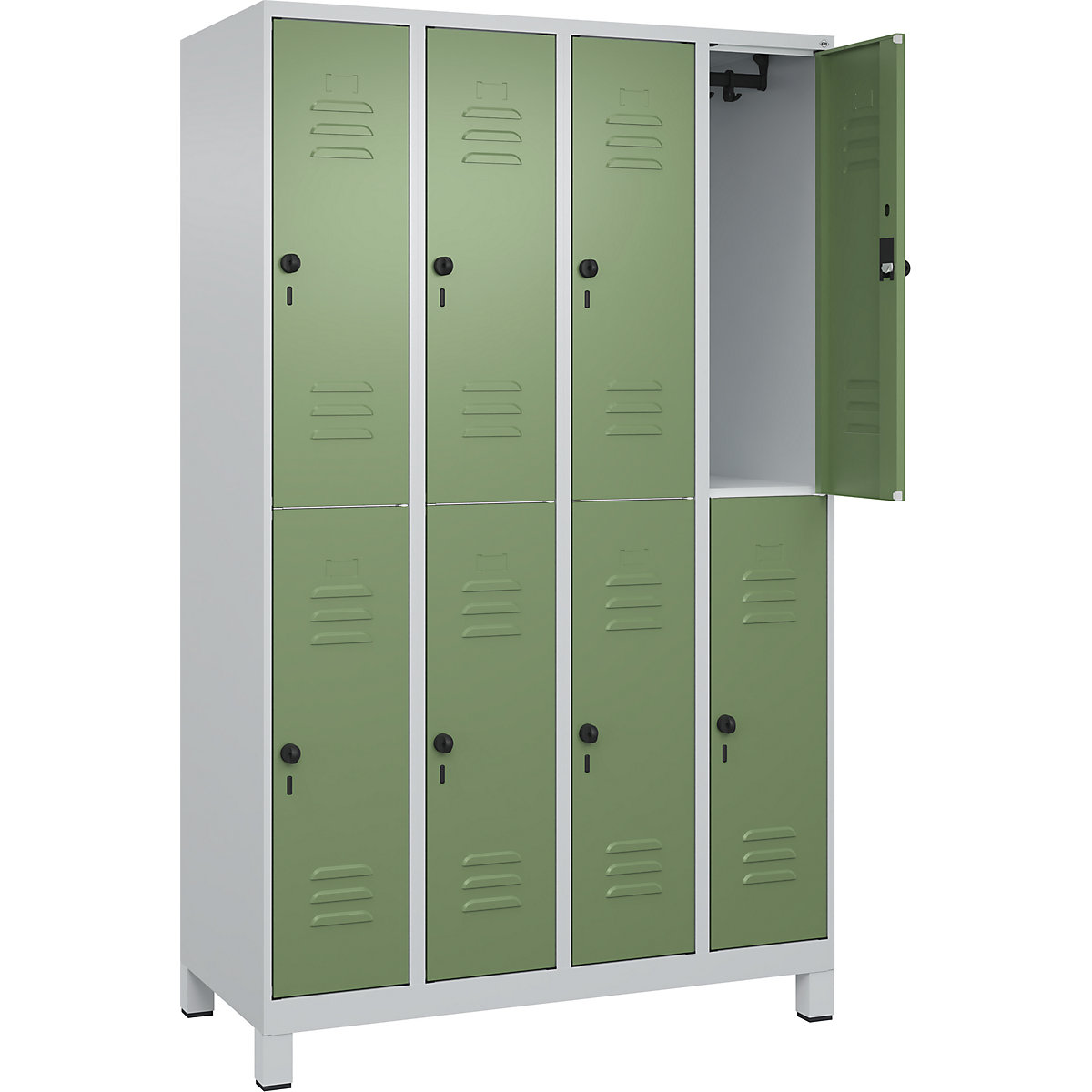 Armadietto a due piani Classic PLUS – C+P, 4 scomparti, grigio chiaro / verde reseda, alt. x largh. 1950 x 1200 mm, con piedini, serratura girevole-0