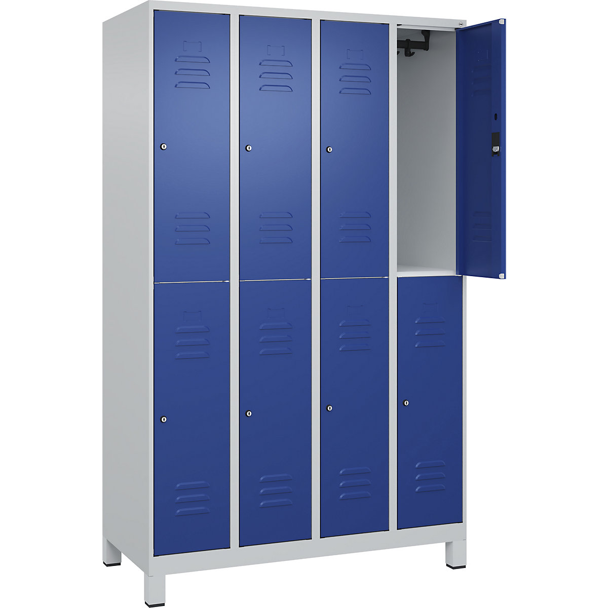 Armadietto a due piani Classic PLUS – C+P, 4 scomparti, grigio chiaro / blu genziana, alt. x largh. 1950 x 1200 mm, con piedini, serratura a cilindro-0