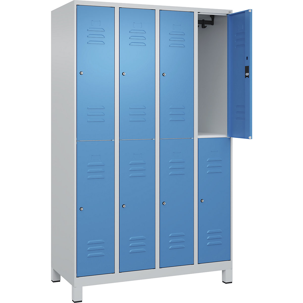 Armadietto a due piani Classic PLUS – C+P, 4 scomparti, grigio chiaro / blu chiaro, alt. x largh. 1950 x 1200 mm, con piedini, serratura a cilindro-0
