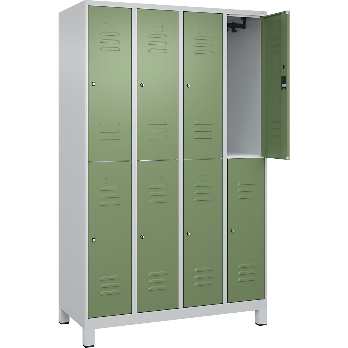 Armadietto a due piani Classic PLUS – C+P, 4 scomparti, grigio chiaro / verde reseda, alt. x largh. 1950 x 1200 mm, con piedini, serratura a cilindro-0