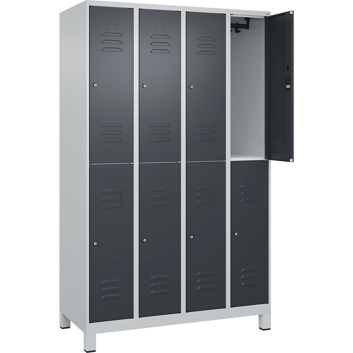 Armadietto a due piani Classic PLUS – C+P, 4 scomparti, grigio chiaro / grigio, alt. x largh. 1950 x 1200 mm, con piedini, serratura a cilindro-0