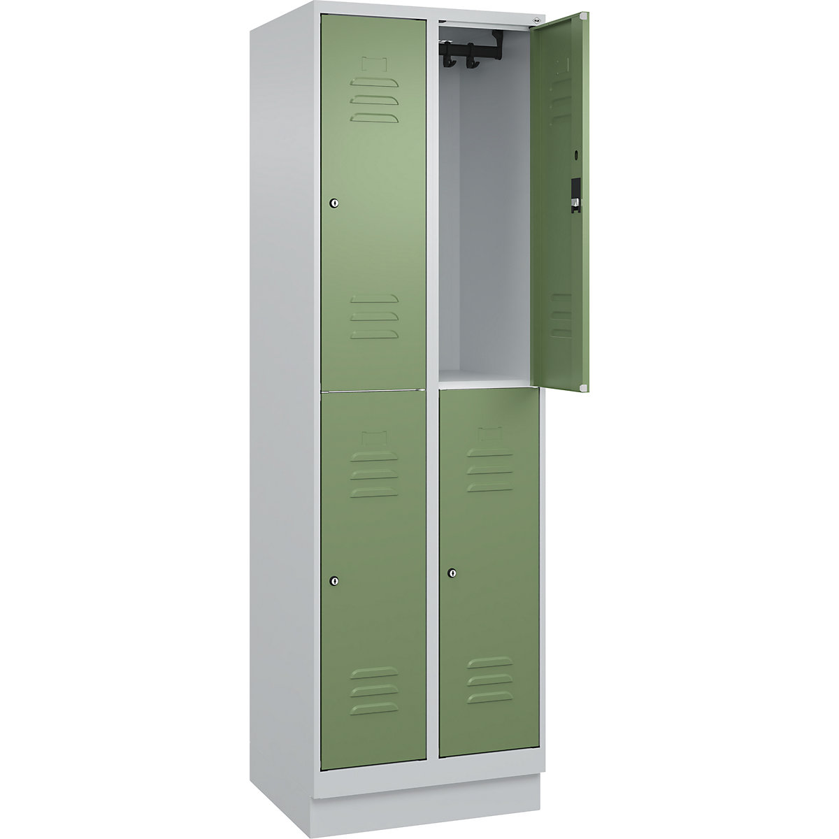 Armadietto a due piani Classic PLUS – C+P, 2 scomparti, grigio chiaro / verde reseda, alt. x largh. 1950 x 600 mm, con zoccolino, serratura a cilindro-0
