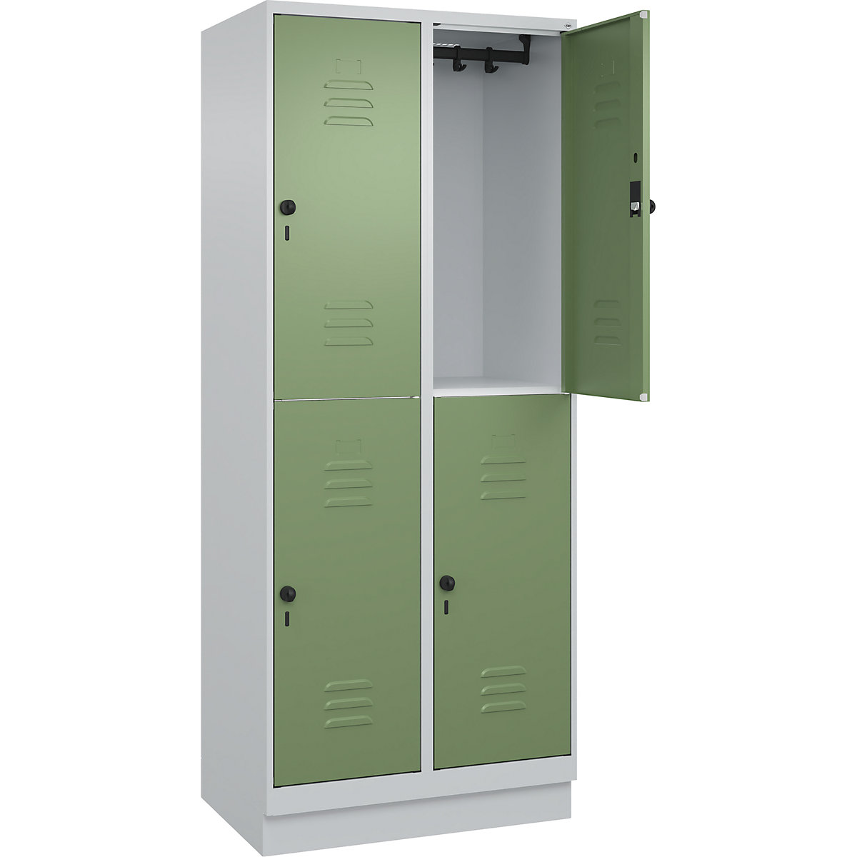 Armadietto a due piani Classic PLUS – C+P, 2 scomparti, grigio chiaro / verde reseda, alt. x largh. 1950 x 800 mm, con zoccolino, serratura girevole-0