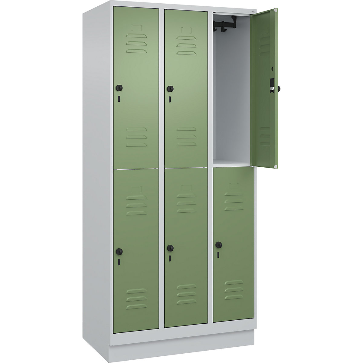 Armadietto a due piani Classic PLUS – C+P, 3 scomparti, grigio chiaro / verde reseda, alt. x largh. 1950 x 900 mm, con zoccolino, serratura girevole-0