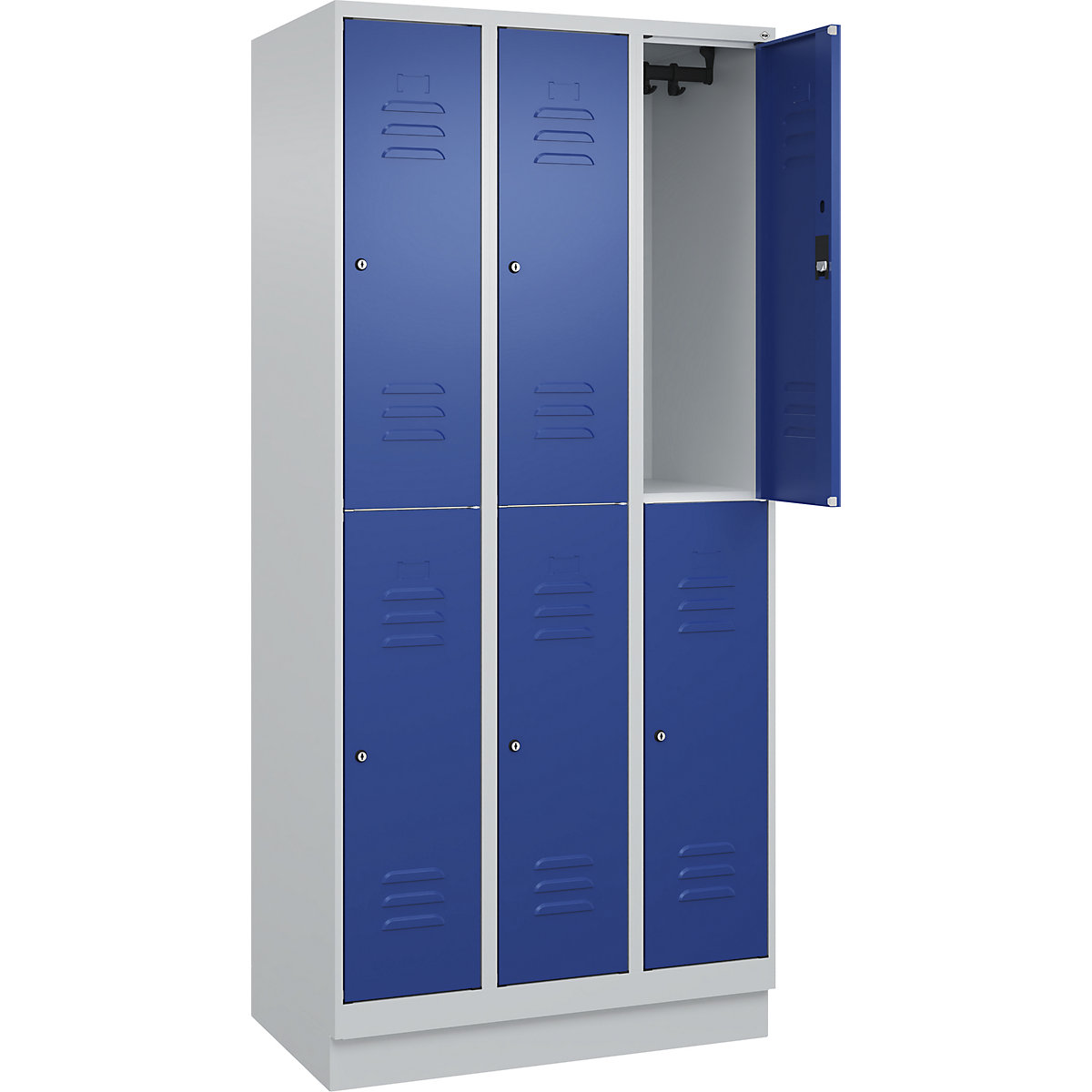 Armadietto a due piani Classic PLUS – C+P, 3 scomparti, grigio chiaro / blu genziana, alt. x largh. 1950 x 900 mm, con zoccolino, serratura a cilindro-0
