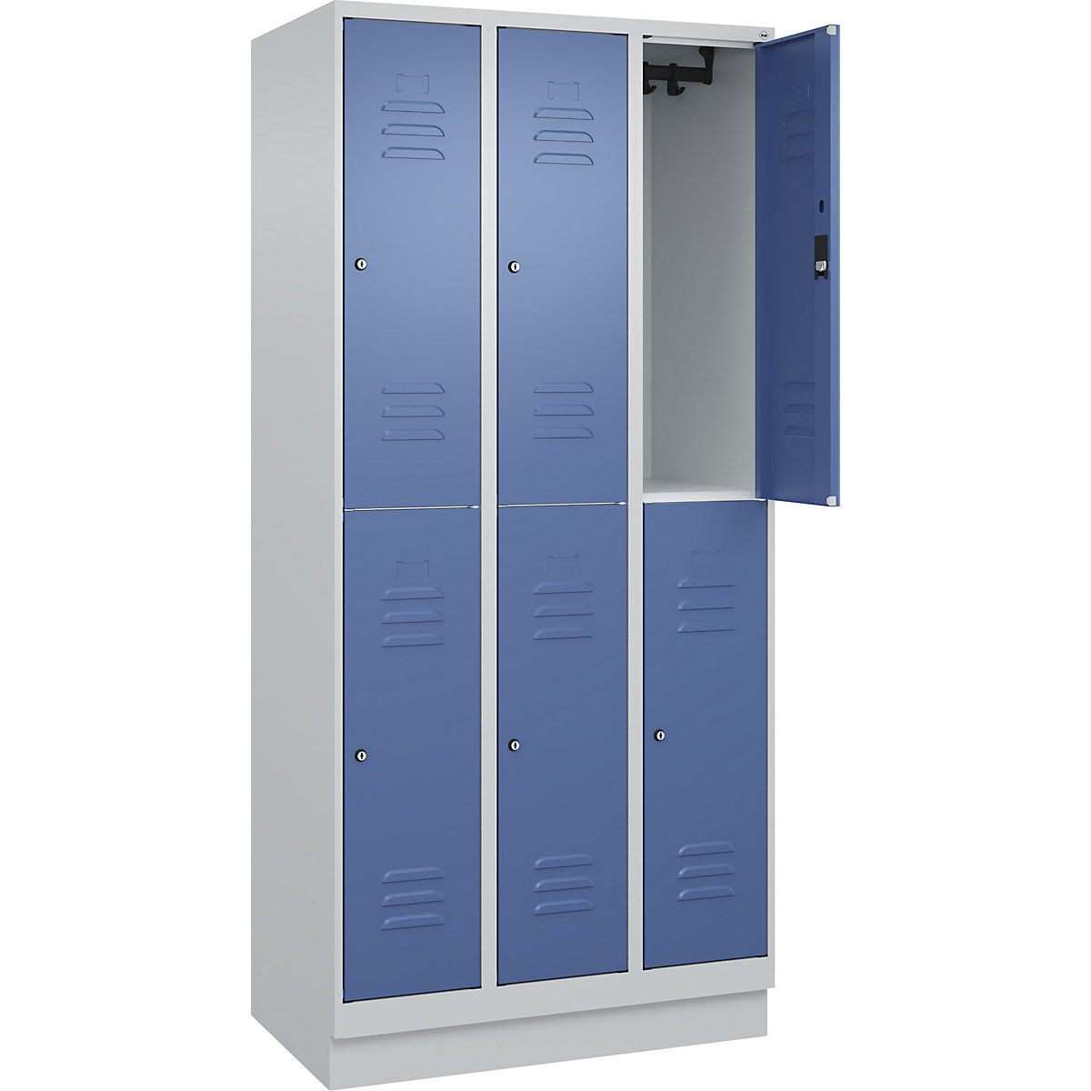 Armadietto a due piani Classic PLUS – C+P, 3 scomparti, grigio chiaro / indaco, alt. x largh. 1950 x 900 mm, con zoccolino, serratura a cilindro-0