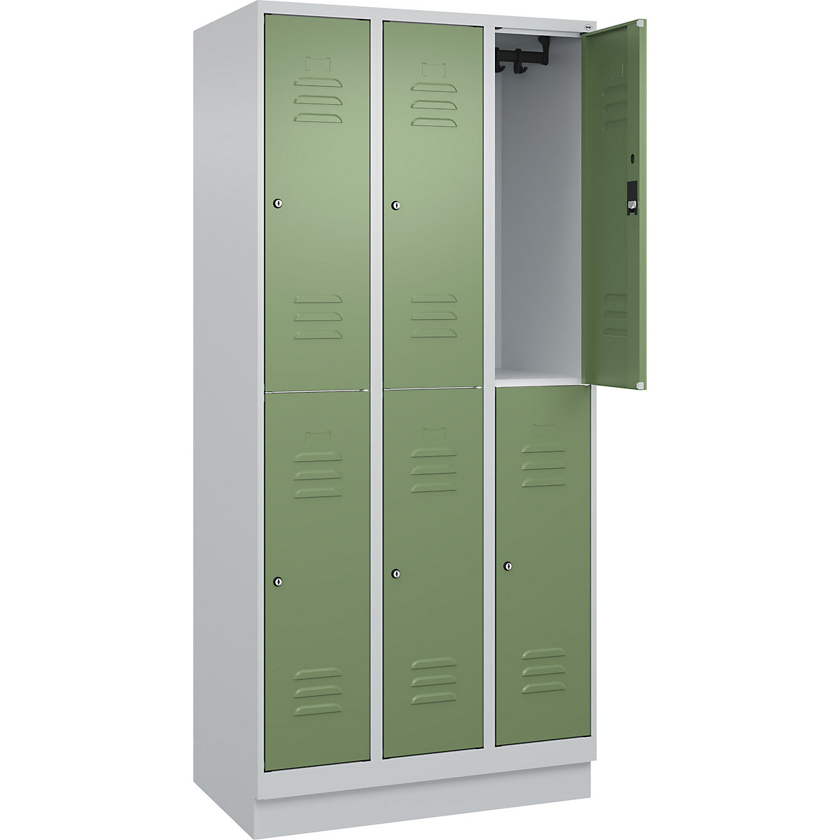 Armadietto a due piani Classic PLUS – C+P, 3 scomparti, grigio chiaro / verde reseda, alt. x largh. 1950 x 900 mm, con zoccolino, serratura a cilindro-0