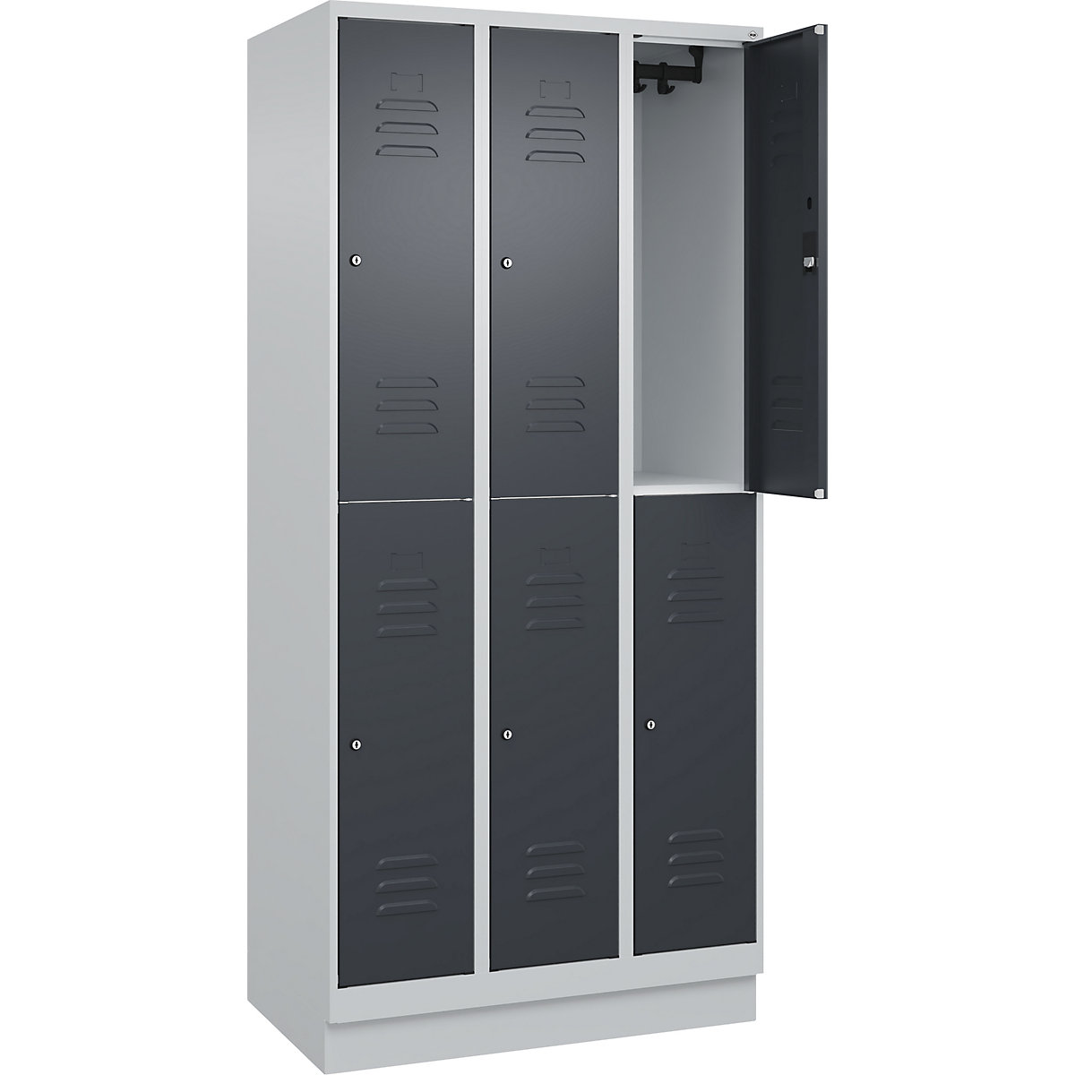 Armadietto a due piani Classic PLUS – C+P, 3 scomparti, grigio chiaro / grigio, alt. x largh. 1950 x 900 mm, con zoccolino, serratura a cilindro-0