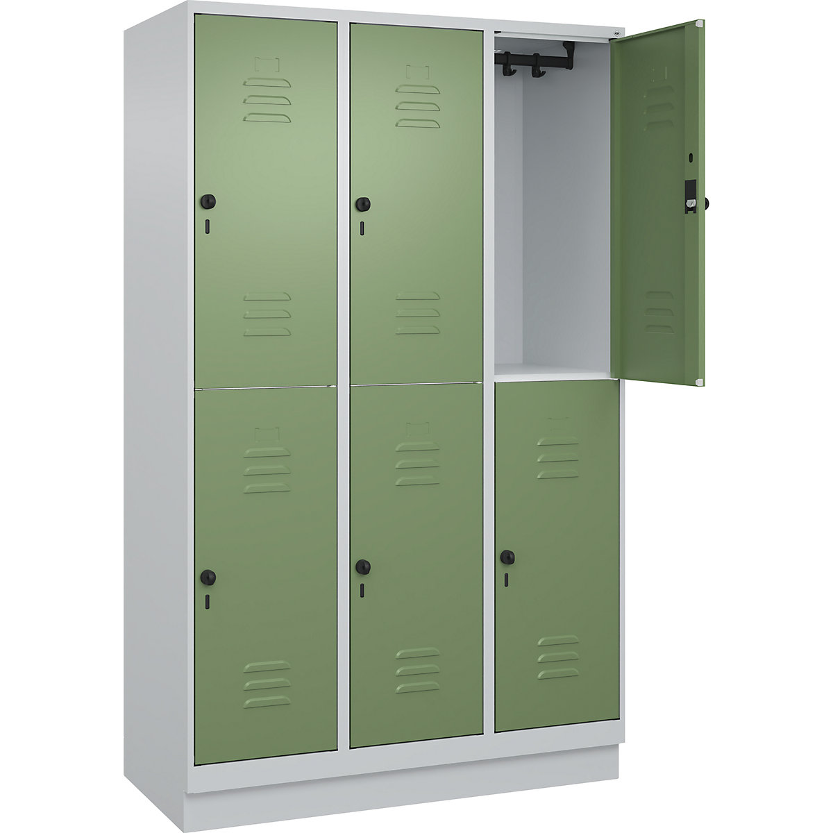 Armadietto a due piani Classic PLUS – C+P, 3 scomparti, grigio chiaro / verde reseda, alt. x largh. 1950 x 1200 mm, con zoccolino, serratura girevole-0