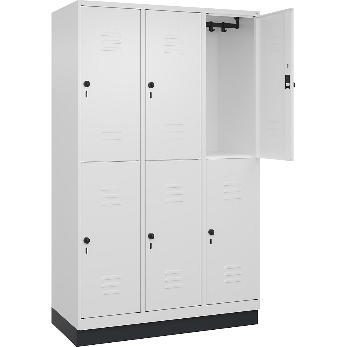 Armadietto a due piani Classic PLUS – C+P, 3 scomparti, bianco traffico, alt. x largh. 1950 x 1200 mm, con zoccolino, serratura girevole-0