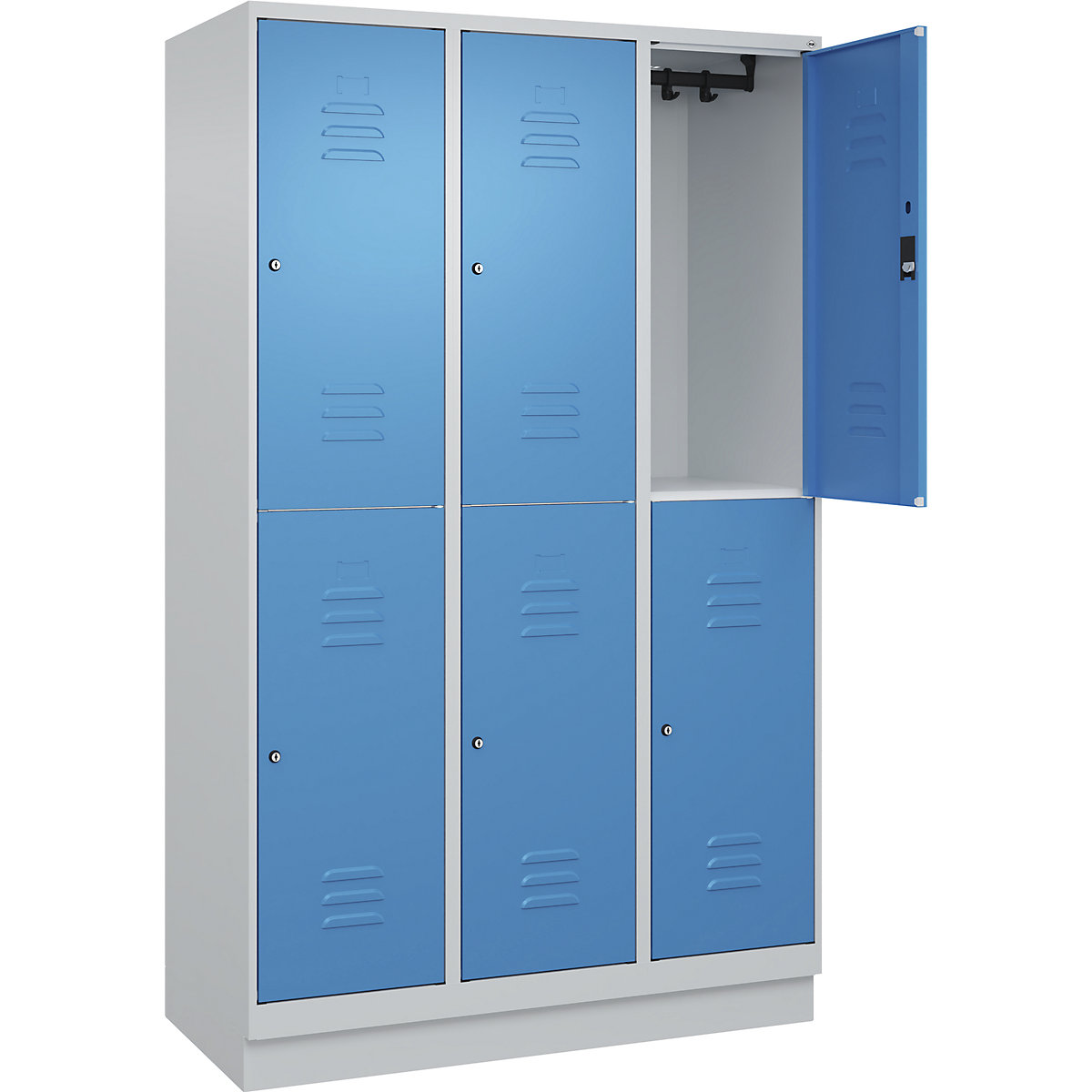 Armadietto a due piani Classic PLUS – C+P, 3 scomparti, grigio chiaro / blu chiaro, alt. x largh. 1950 x 1200 mm, con zoccolino, serratura a cilindro-0