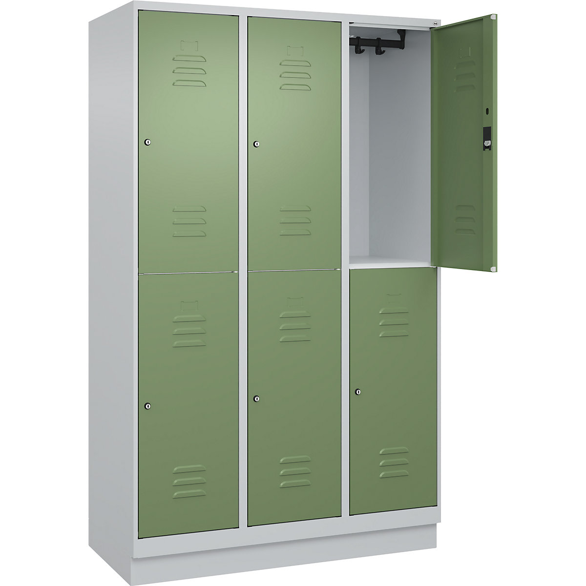 Armadietto a due piani Classic PLUS – C+P, 3 scomparti, grigio chiaro / verde reseda, alt. x largh. 1950 x 1200 mm, con zoccolino, serratura a cilindro-0