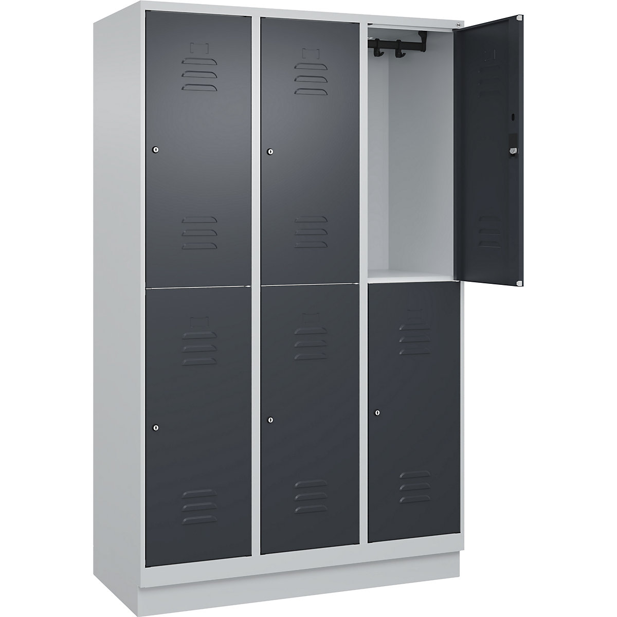 Armadietto a due piani Classic PLUS – C+P, 3 scomparti, grigio chiaro / grigio, alt. x largh. 1950 x 1200 mm, con zoccolino, serratura a cilindro-0