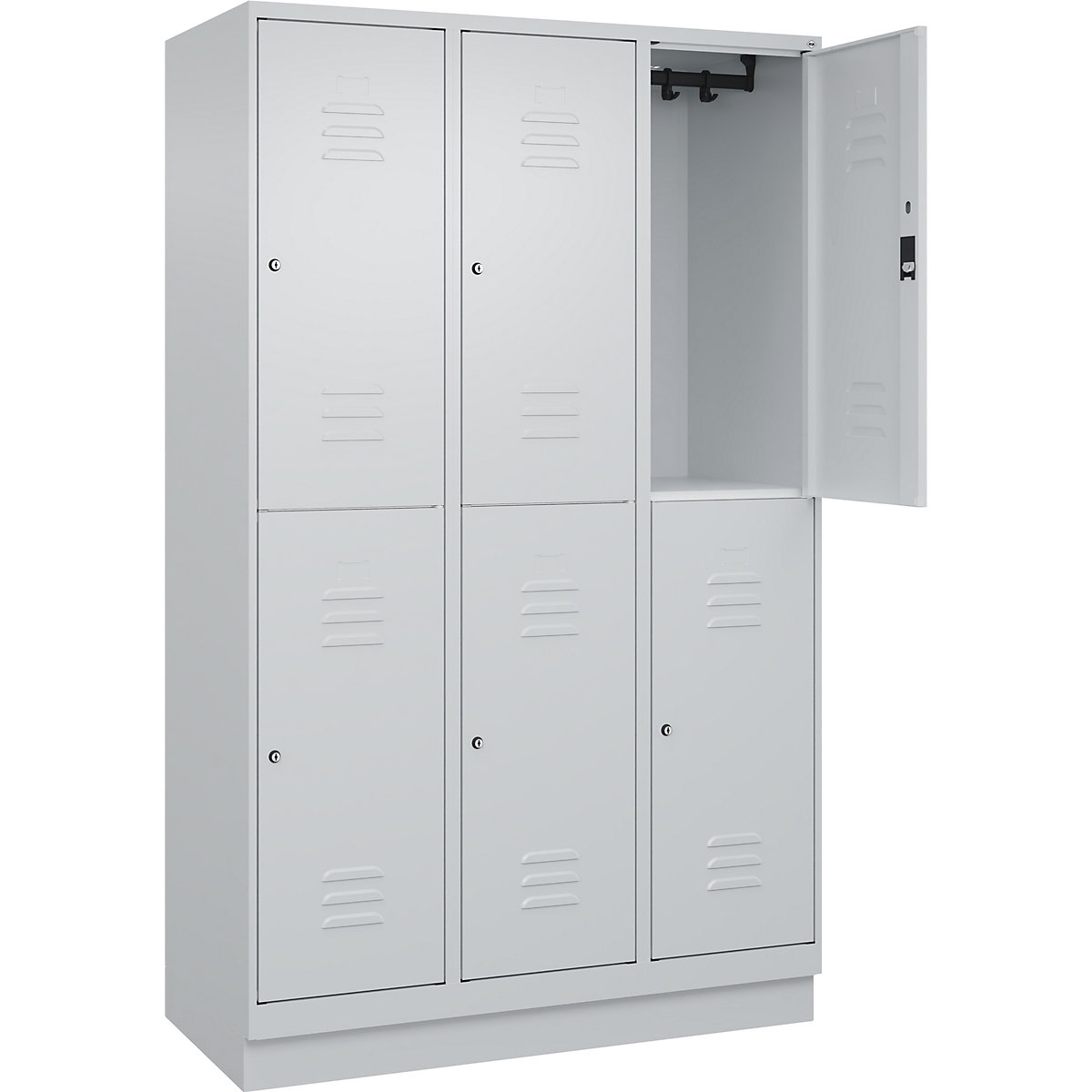 Armadietto a due piani Classic PLUS – C+P, 3 scomparti, grigio chiaro, alt. x largh. 1950 x 1200 mm, con zoccolino, serratura a cilindro-0