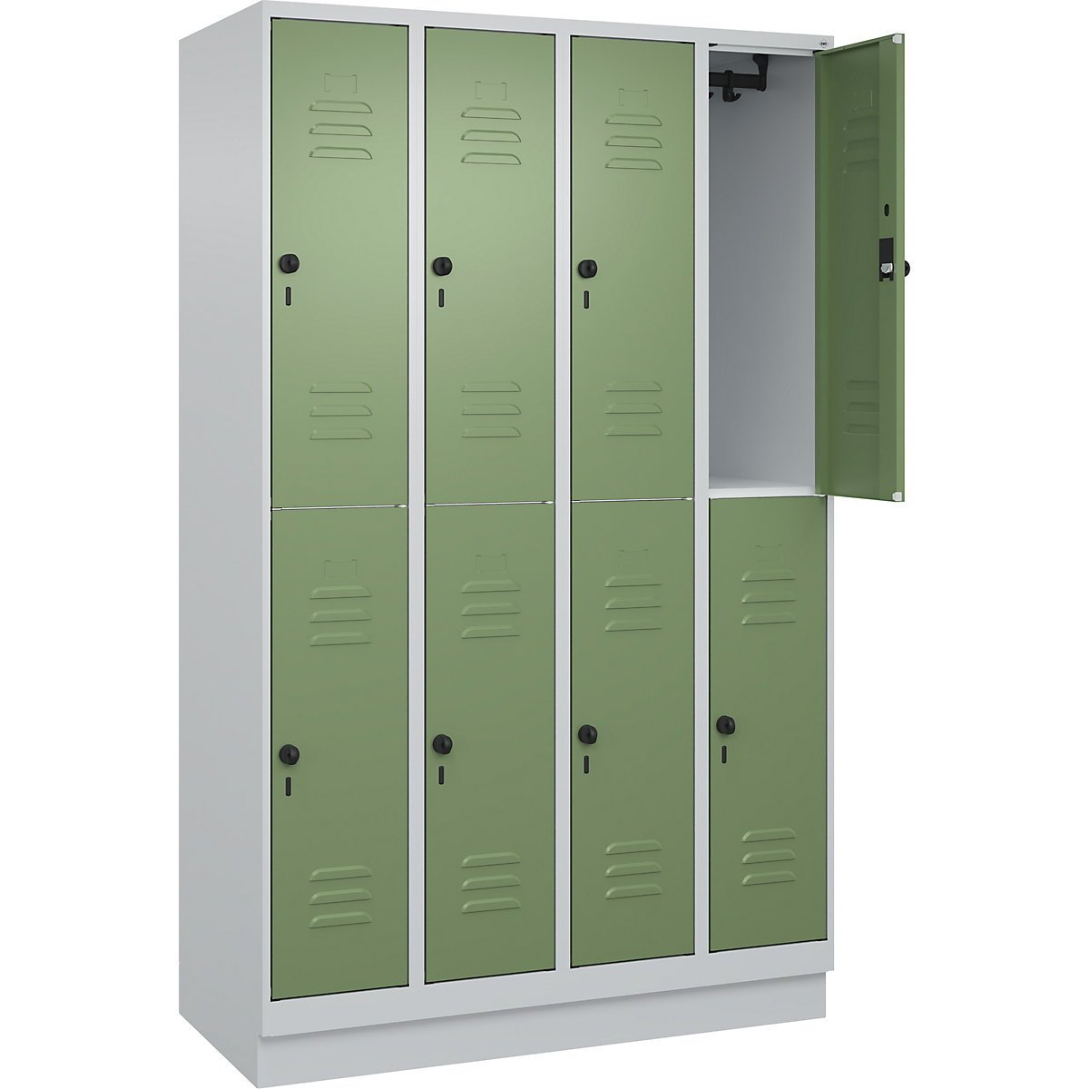 Armadietto a due piani Classic PLUS – C+P, 4 scomparti, grigio chiaro / verde reseda, alt. x largh. 1950 x 1200 mm, con zoccolino, serratura girevole-0