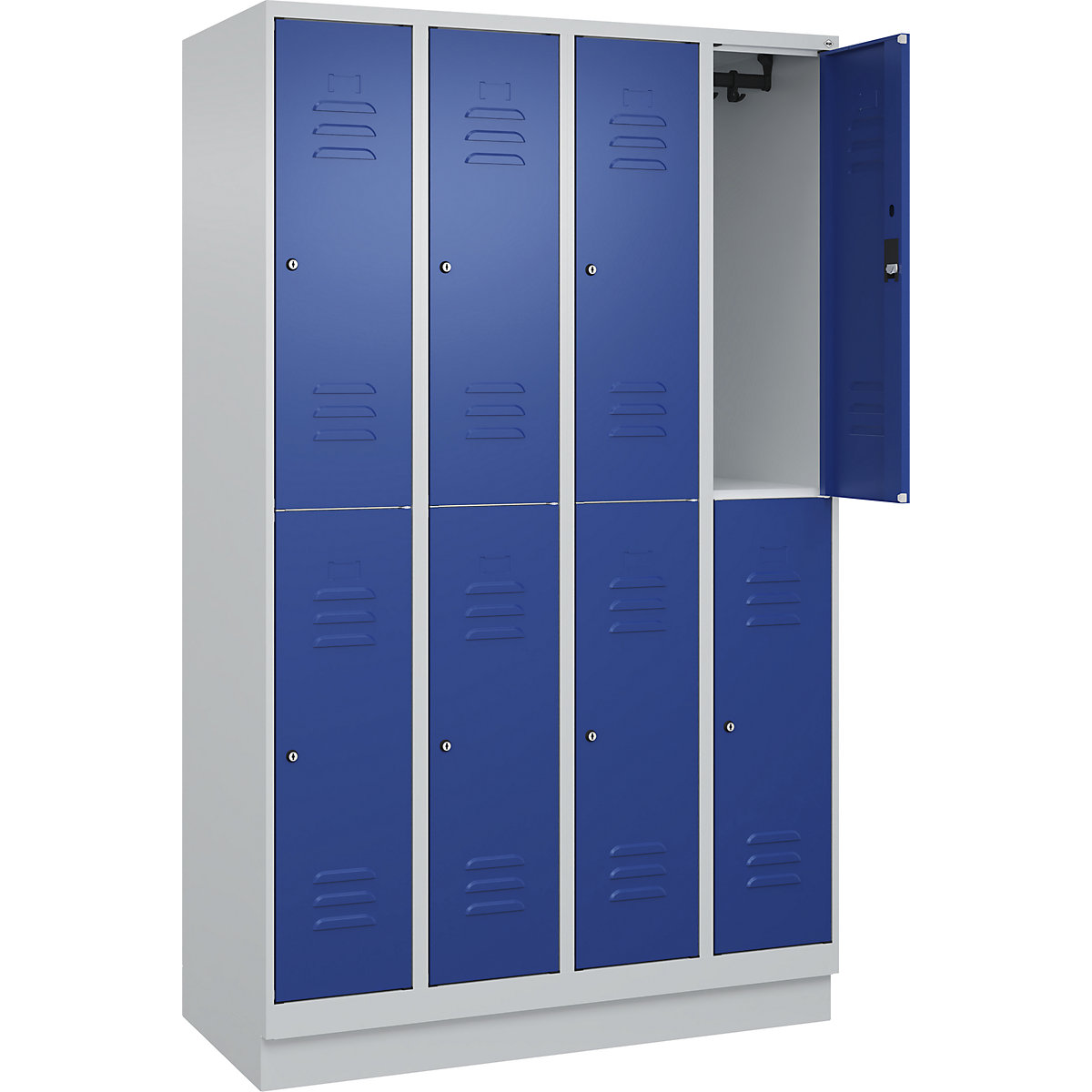 Armadietto a due piani Classic PLUS – C+P, 4 scomparti, grigio chiaro / blu genziana, alt. x largh. 1950 x 1200 mm, con zoccolino, serratura a cilindro-0