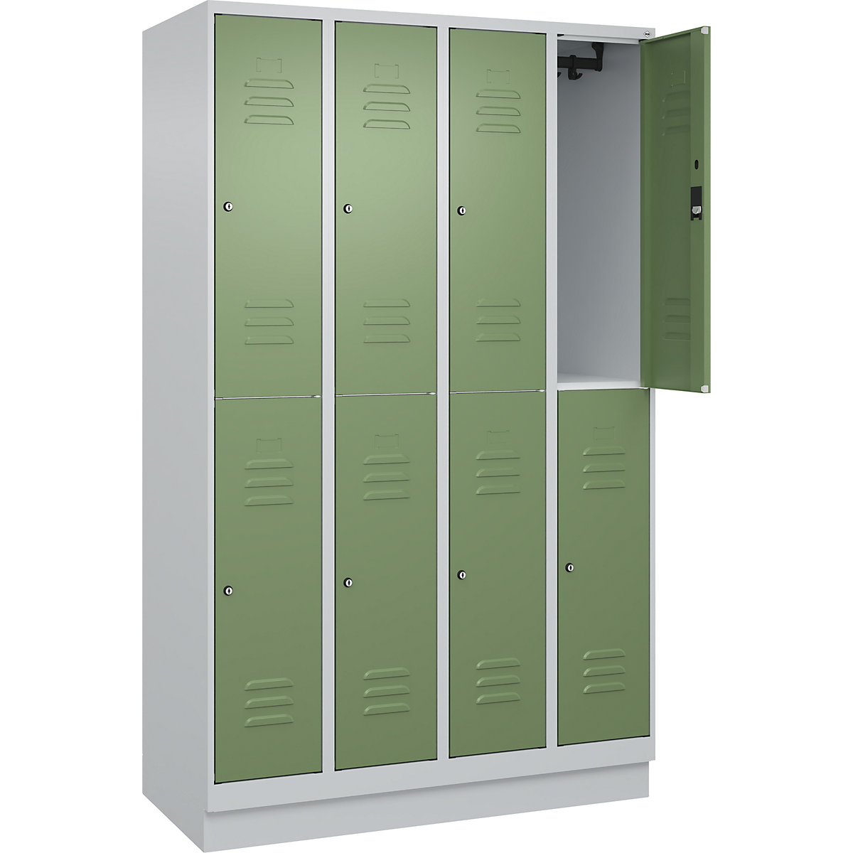 Armadietto a due piani Classic PLUS – C+P, 4 scomparti, grigio chiaro / verde reseda, alt. x largh. 1950 x 1200 mm, con zoccolino, serratura a cilindro-0